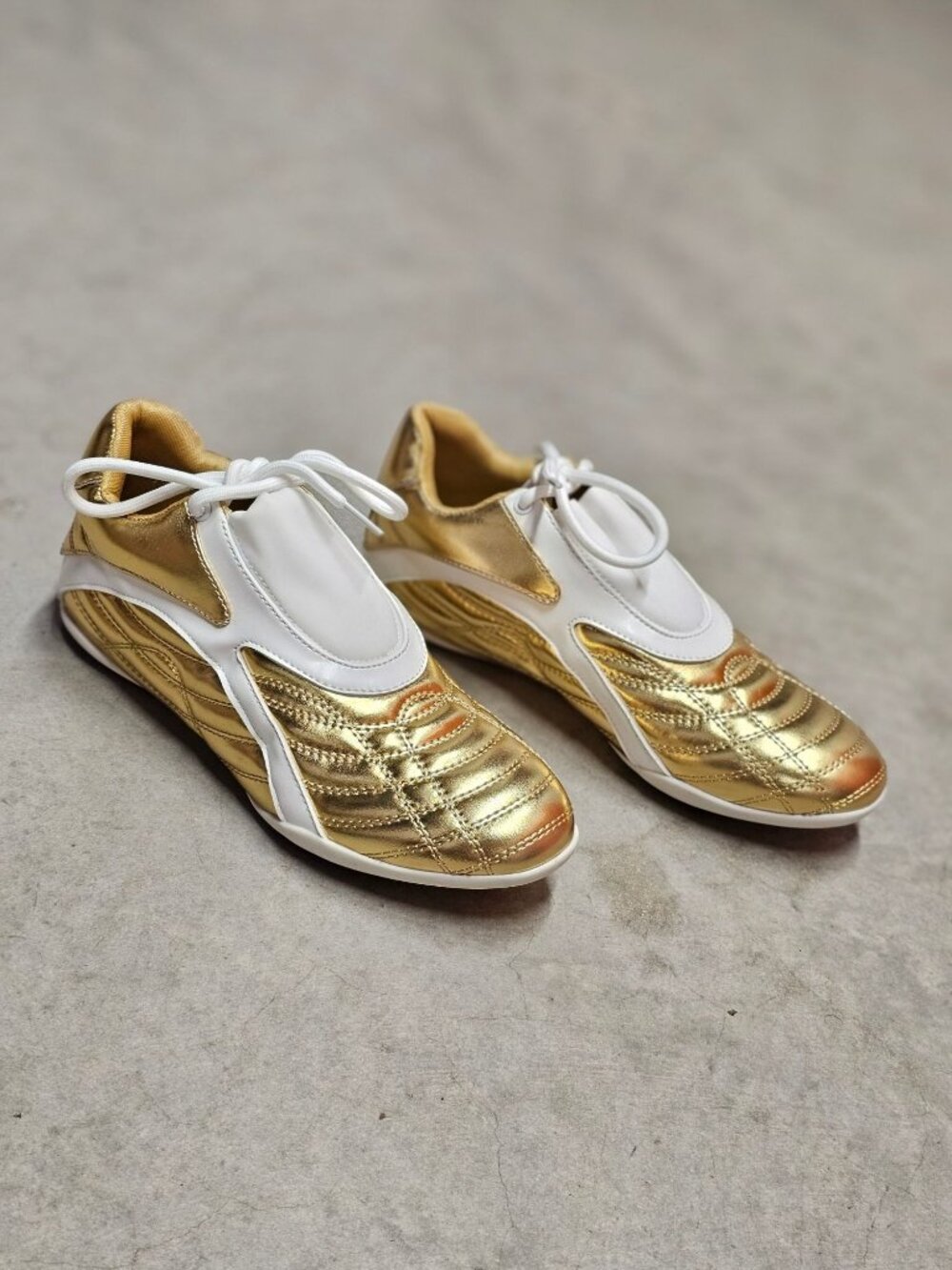 Gold & White Athletic Sneakers With Quilted Design & Lace-Up Closure - Picture 12 of 14